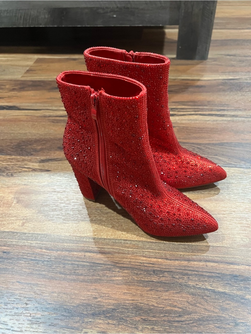 Red Embellished Pointed-Toe Ankle Boots - Women Size 8 Statement Shoes